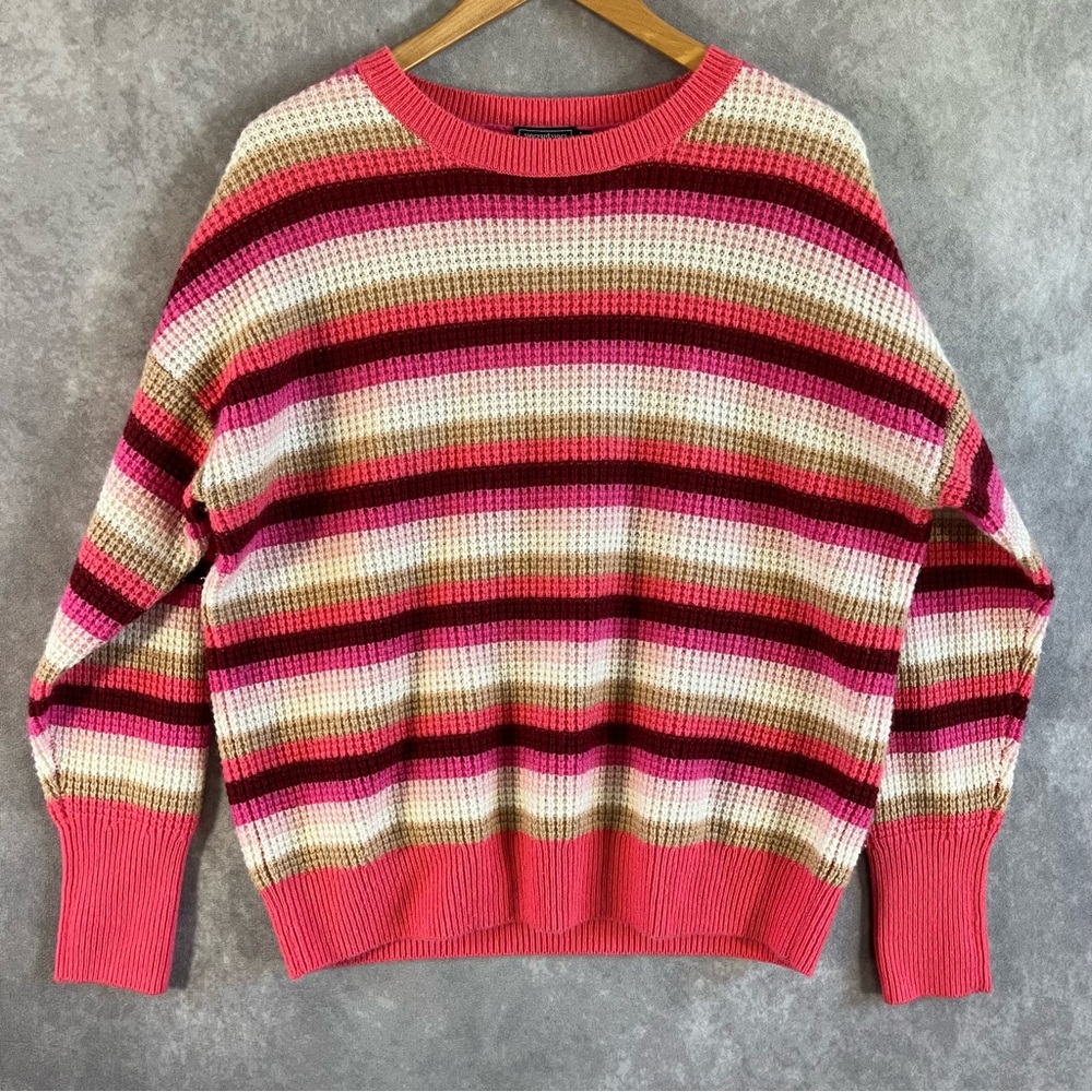 Vineyard Vines Cashmere Sweater Women Medium Tan Pink White Stripe Preppy Cozy